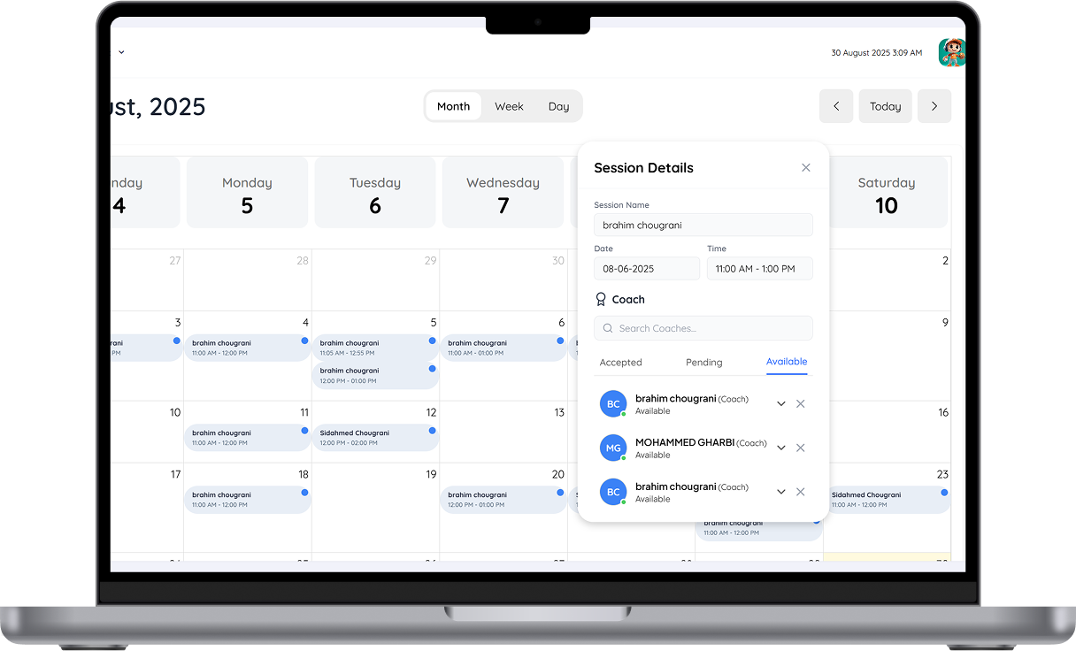 Auto-scheduled sessions with synced coach calendars and conflict resolution.